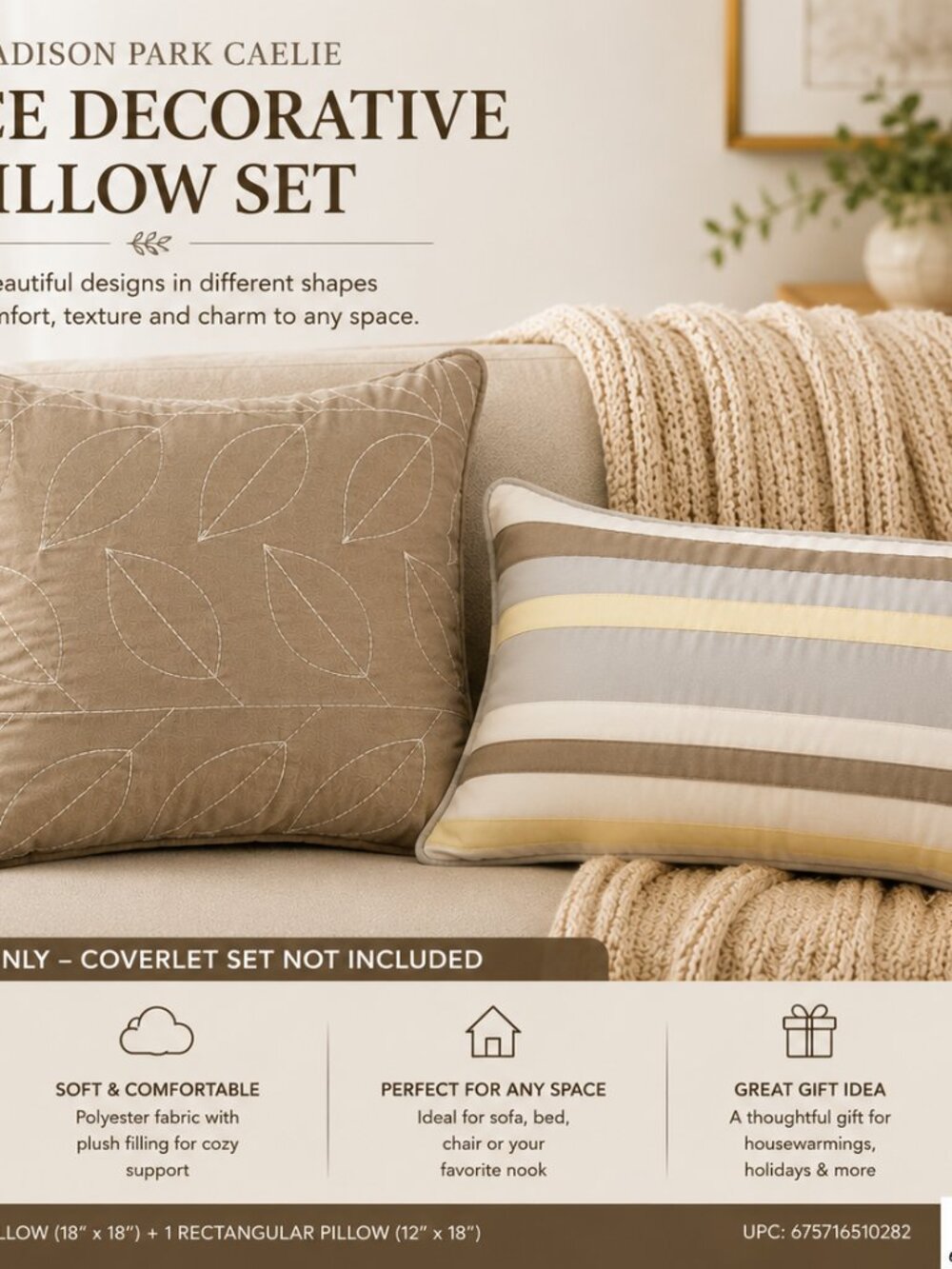 Madison Park Caelie 2-Piece Decorative Throw Pillow Set – Yellow, Taupe & Ivory